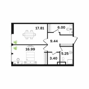 Типовая 1-ком-ая квартира 59.1 м² (Блок А)
