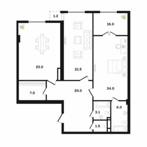 Типовая 2-ком-ая квартира 125.8 м² (Блок А)