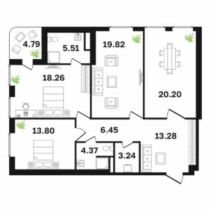 Типовая 3-ком-ая квартира 109.3 м² (Блок А)