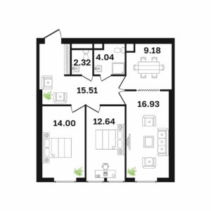 Типовая 3-ком-ая квартира 74.5 м² (Блок А)