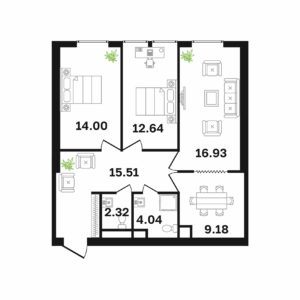 Типовая 3-ком-ая квартира 74.5 м² (Блок Б)