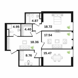 Типовая 3-ком-ая квартира 92.7 м² (Блок А)