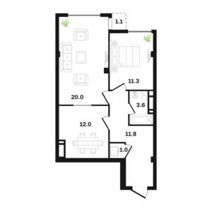 Типовая 1-ком-ая квартира 61.3 м² (Блок Л)